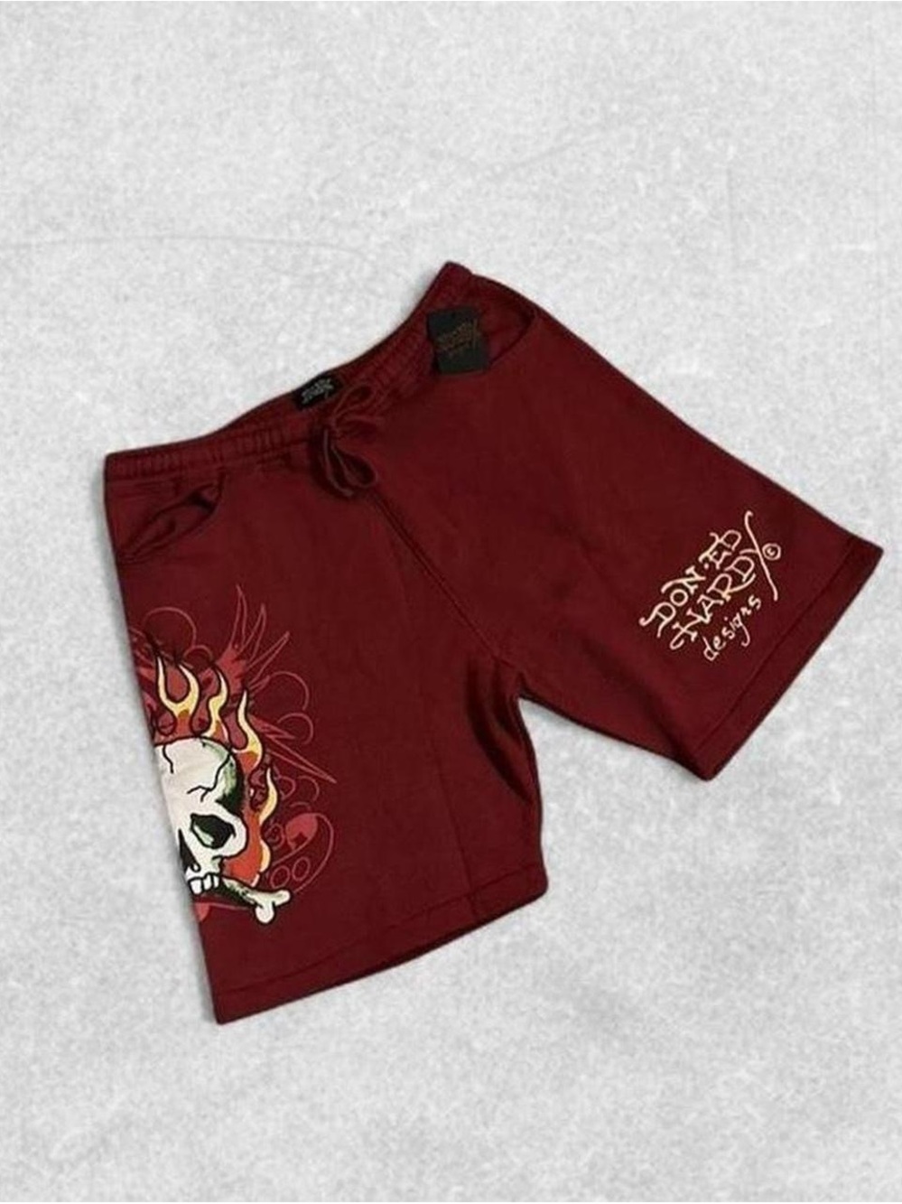Ed Hardy Maroon Men’s Athletic Shorts with Flame Skull Graphic